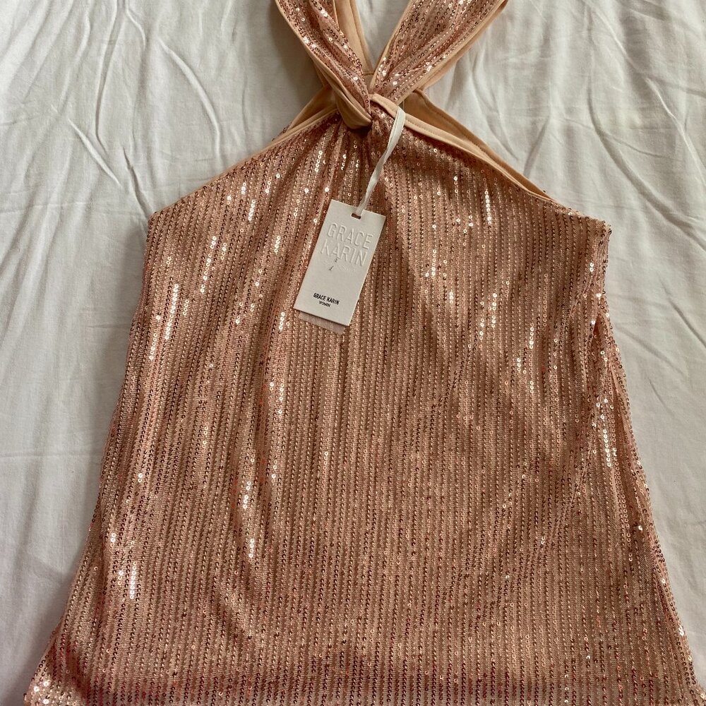 New Grace Karin Sequin Halter neck top champagne color size:S